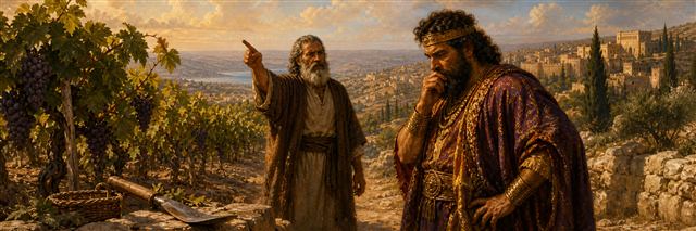 Elijah confronting a troubled Ahab among the vines of Naboth’s stolen vineyard